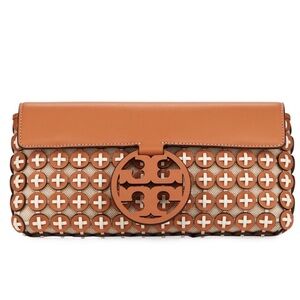 TORY BURCH MILLER COLLECTION LEATHER CHAIN MAIL CLUTCH IN CAMELLO AND NEW IVORY